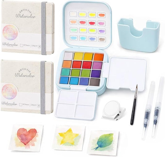 Mini Travel Watercolor Paint Set - Small Pocket Water Colors Paint Set with 16 Colors, Sketchbook, Brush, Clip, Portable Painting Art Kit for Adult, Beginners, Artists & Painting Enthusiasts