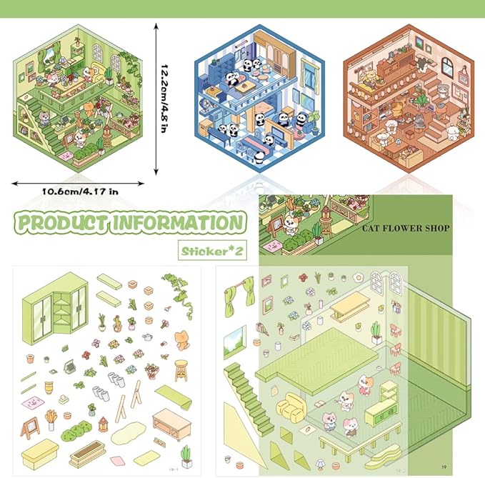 Scrapbooking Supplies Kit,DIY 3D Stickers Scene,3 Set Funny DIY Sticker Scenes,Make Your Own Cute 3D Miniature Room Scene Stickers for Adults Relief Stress Pass The Time.16-17-18