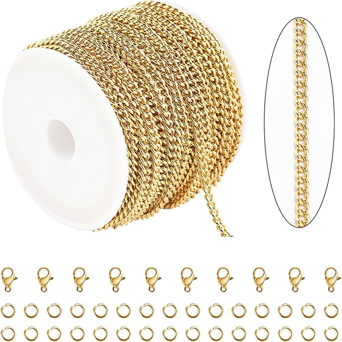 32.8 Feet Twisted Curb Chain for Jewelry Making Gold Plated Stainless Steel Jewelry Chains Bulk for Necklace DIY with Open Jump Rings and Lobster Claps
