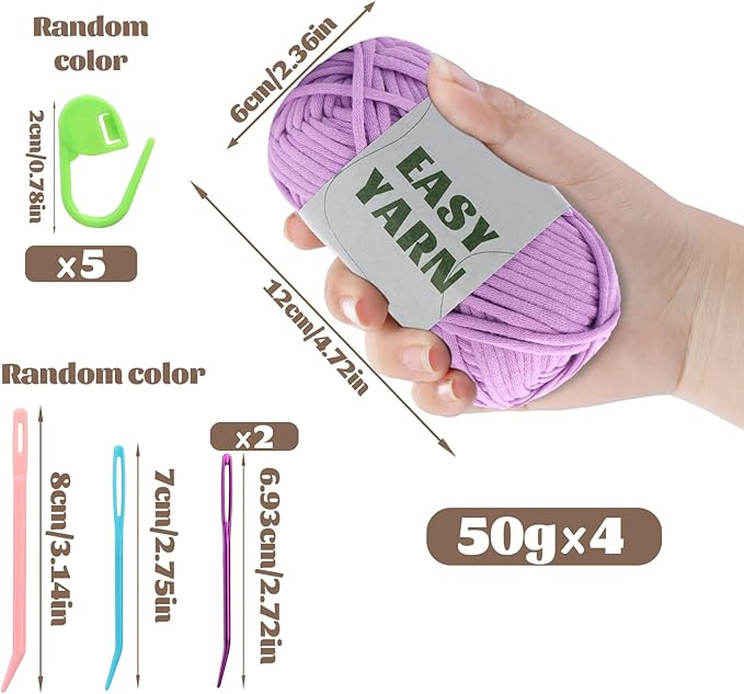 4x50g (7.1Oz) Crochet Yarn, 4x87Yds Yarn for Crocheting, Beginners Yarns for Crocheting with Easy-to-See Stitches, Stitch Markers, Cotton Yarns for Crochet-(Pink&Purple&Blue&Yellow)