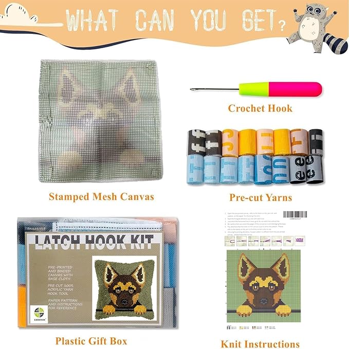 EMISTEM Latch Hook Kits for Adults - Latch Hook Pillow Kits, Crochet Yarn Kit for Beginners, Cross-Stitch Embroidery Cushion Cover Case with Printed Canvas. (Cute Puppy,17x17 inch)