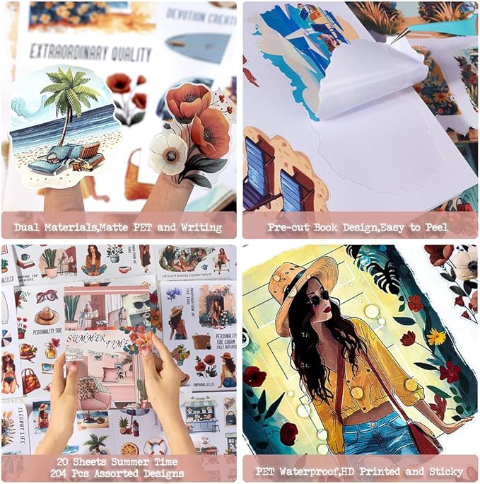 Dwpetzo Vintage Summer Landscape Pre-Cut Sticker Book for Junk Journaling, Dual Transparent PET and Writing Paper Materials, Collage Stickers for Scrapbooking Supplies, Planner, Card Making, Bujo