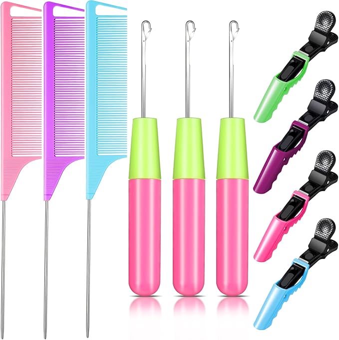 10 Pieces Latch Hook Crochet Needle Comb Hair Clip Set Include 3 Pieces Stainless Steel Crochet Needle 4 Pieces Alligator Hair Clip 3 Pieces Rat Tail Comb for Hair Extension