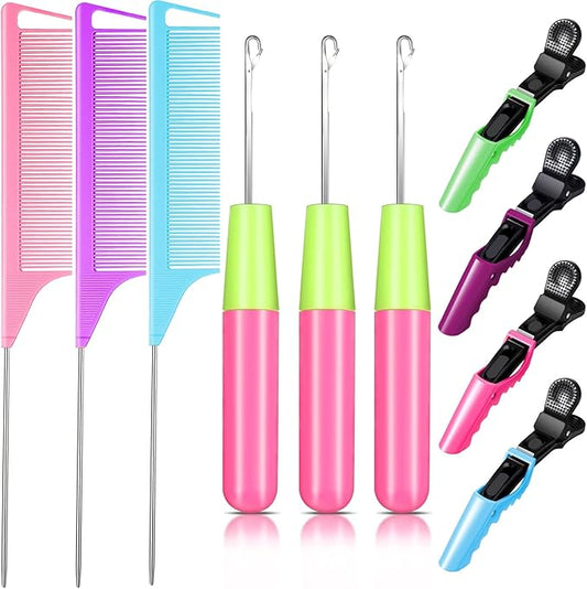 10 Pieces Latch Hook Crochet Needle Comb Hair Clip Set Include 3 Pieces Stainless Steel Crochet Needle 4 Pieces Alligator Hair Clip 3 Pieces Rat Tail Comb for Hair Extension