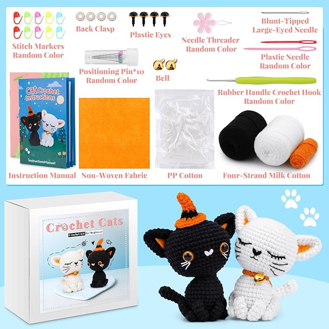 Pnytty Crochet Kit for Beginners, Crochet Animal Kit, 2PCS Cat Starters Crochet Kits Knitting Kit with Yarn, Crochet Hooks, Video Tutorials, Easy Crocheting for Adults Craft