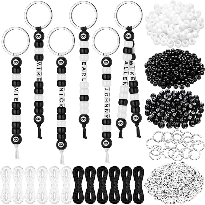 Landical 564 Pcs DIY Bead Keychain Kit Key Chain Making Craft Adjustable Letter Beads String Mama Sport Gift Alphabet Jewelry Backpack Accessories Holiday Party Favor(8 Ball,Black White)