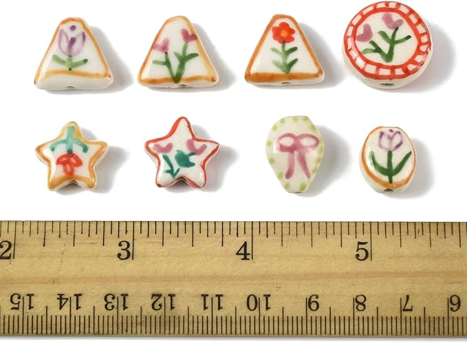 8Pcs Flower Porcelain Beads for DIY Jewelry Mixed Shapes Handmade Round Triangle Star Oval Floral Spacer Beads for Necklaces Bracelets Earrings Keychains Making and Crafting