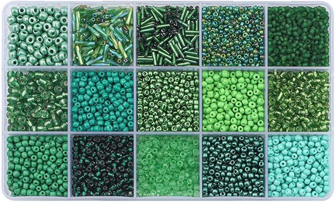 Mix 15 Color Glass Seed Tube Beads Glass Bugle Beads Loose Kit for Jewelry Making DIY Craft Beading (Mix 15 Color, Green)
