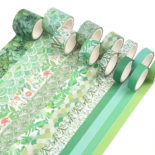 CCINEE 12 Rolls Green Washi Tape Set,Tropical Greenery Leaves Masking Tape for Bullet Journal Scrapbooking Planners Craft Supply