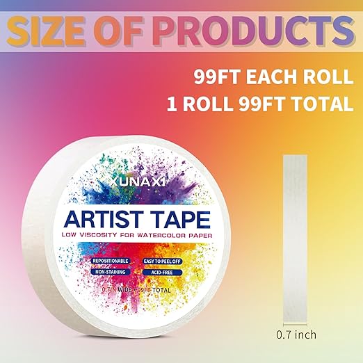 1 Pack Art Tape, Artist Tape for Watercolor Paper Low Tack White Painters Tape for Drafting Art Painting Canvas Framing Acid Free Masking Tape-0.7N Wide 99FT Long Total