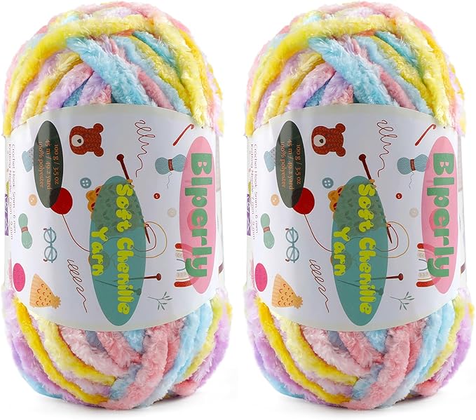 2 * 100g Fluffy Chenille Yarn for Crocheting - Chunky Velvet Yarn for Scarves Shawls, Baby Blankets, Hats Plush Toys, Plush Yarns Each Skein 49.2yd (2, Macaron)