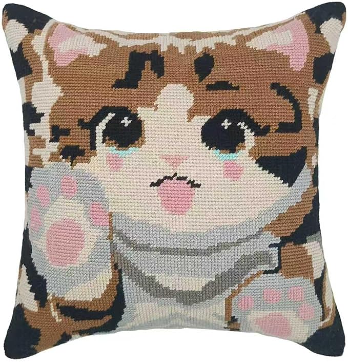 Howie's Needlepoint Needlepoint Kits for Adults Beginners, Furbish Cat Needlepoint Pillow Front Kit with Stamped Pattern on Canvas, Yarn, 2 Needles and Instruction, 16 x 16inch(Cute Cat)