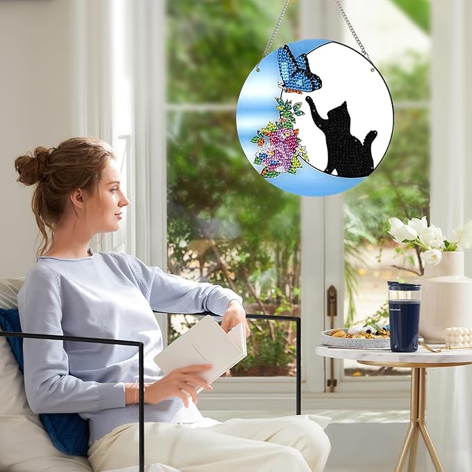 AiYuanzsh Diamond Painting Hanging Pendant Kit for Adults, Crystal Rhinestone Cat & Butterfly Diamond Art Suncatcher Ornament for Door, Wall, Window, Home Decor