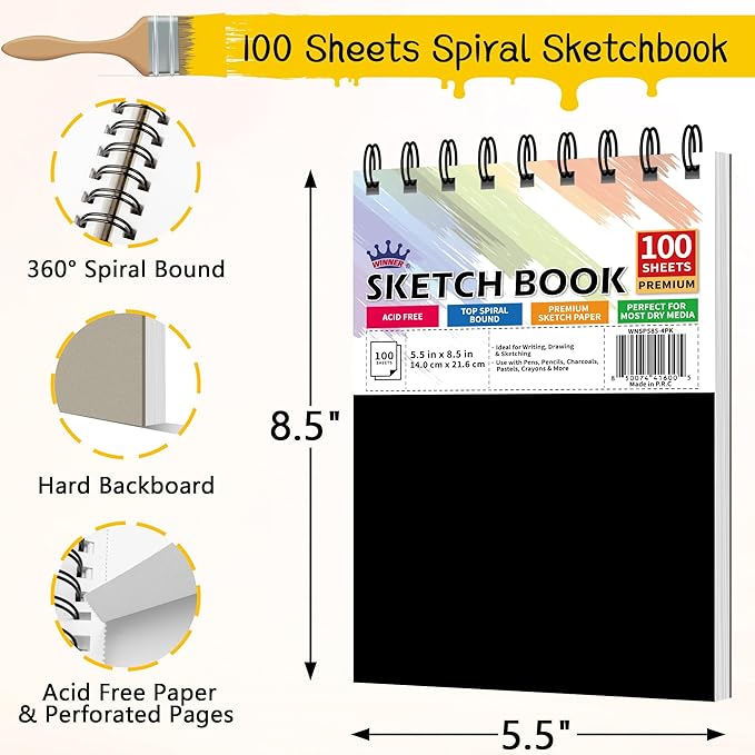 winner 5.5" x 8.5" sketch book, 400 sheets top spiral bound sketch pad, 68lb/100gsm white acid free drawing paper, drawing writing sketching pad, art supplies for kids adult beginners artists, 4 pack