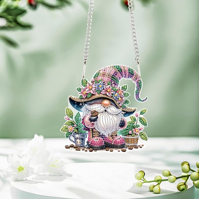 Tontut 5D DIY Diamond Art Painting Pendant kit, Flower Bed Dwarf Special-Shaped Hanging Crystal Window Pendant kit, Adult Gift Home Curtains, Yard Entrance Decoration