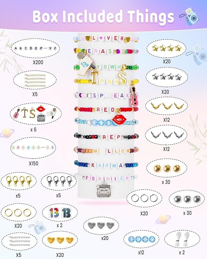 Goldwise Friendship Bracelet Kit for ERAS Tour, 30 Colors(Album Inspired) 4mm Glass Seed Beads for Jewelry Making, Letter Beads (A-Z) with Charms, 13" Tattoo Sticker, DIY Crafts for Gifts Birthday