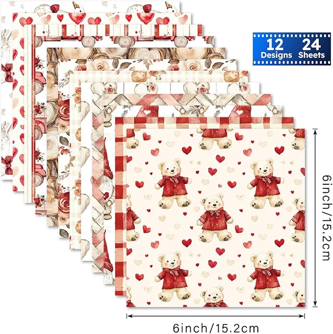 Valentine Scrapbook Paper 6×6, 24 Sheets Scrapbooking Supplies Kit, Single-Sided Patterned Cardstock Pads for Card Making, Designer Planner Journals