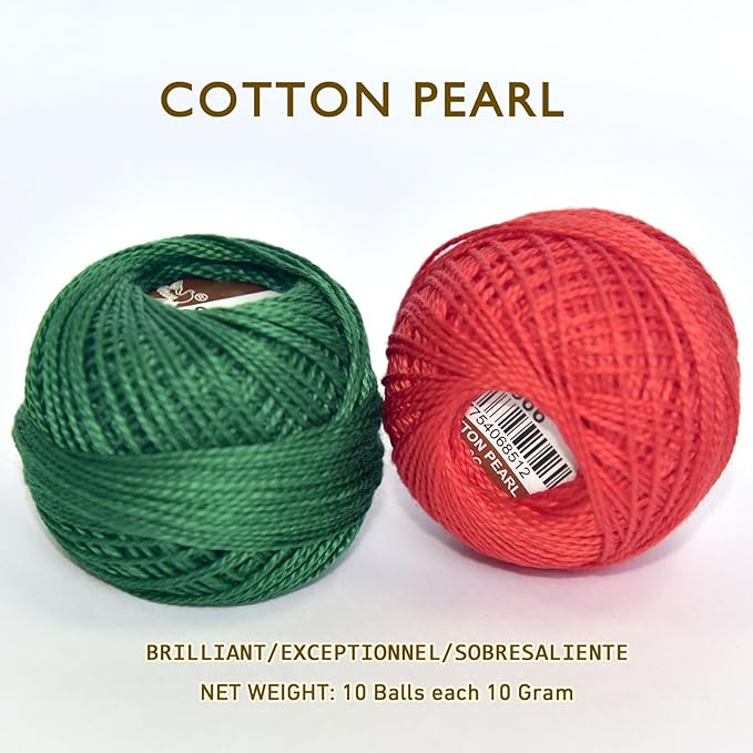 Double Mercerized Egyptian Long Staple Cotton Pearl Thread Ball 10 Grams Rainbow Color Embroidery Thread 10 Colors per Box for Crochet Hardanger Cross Stitch Hand Embroidery,red Green