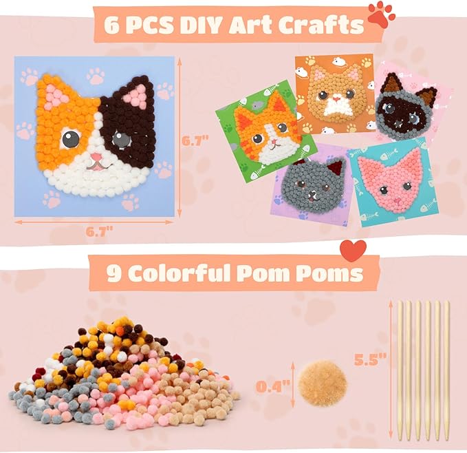 Upltowtme DIY Pom-Poms Art Kit, Cat-Themed Crafts with 6 Patterns, Stick Fuzzy Ball Art, Creative DIY Home Decor & Gift for Cat Lovers
