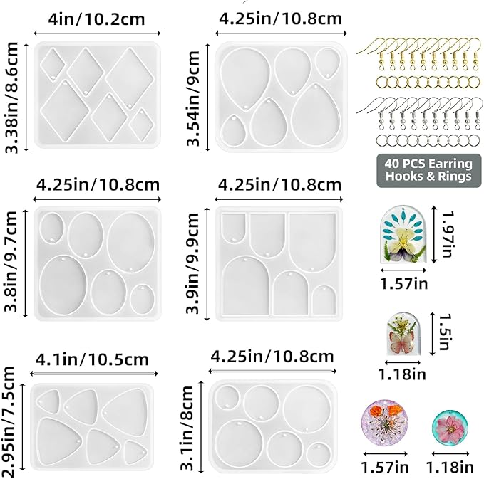 Roxjaejae 46 PCS Resin Earring Molds Silicone Kit, Resin Jewelry Making Kit with Built-in Holes for Earrings, Necklace, Pendants, Keychains