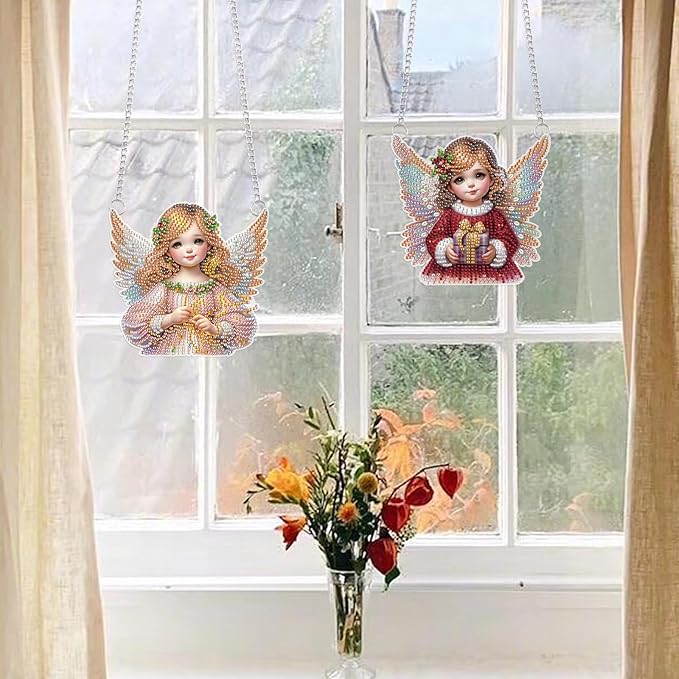 LazyFold 2 Pcs DIY Acrylic Diamond Art Painting Angel Kits Special Shaped Rhinestone 5D Diamond Art Window Pendants Home Garden Wall Hanging Kits Hanging Ornament