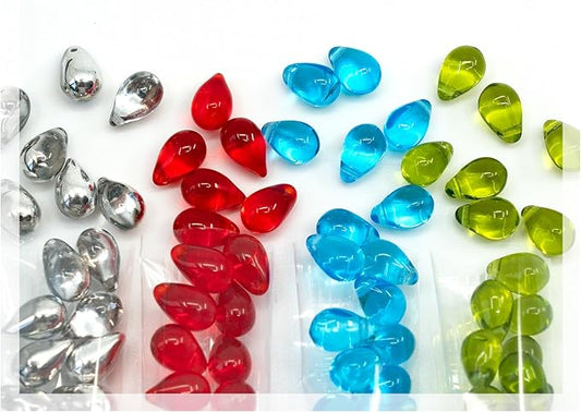 Teardrop Glass Beads for Jewelry Making Set - 120+ Bead Kit of 6x9mm Pendant Drop Beads in 4 Bright Distinct Colors: Blue, Red, Olive Green, Half Silver