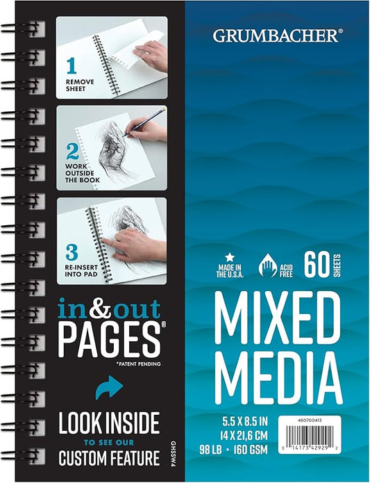 Grumbacher 5.5" x 8.5" Mixed Media Paper Pad with in & Out Pages, 98 lb. / 160 GSM, Side Wire Bound, 60 White Sheets/Pad, 1 Each