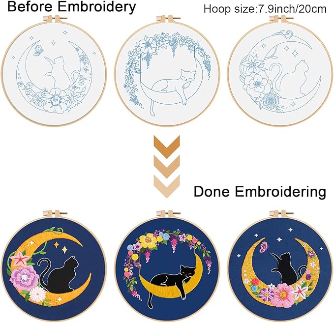 Louise Maelys 3 Sets Cat Moon Embroidery Kits for Beginners with Floral Pattern, Cross Stitch Kit for Adults, DIY Needlepoint for Starter