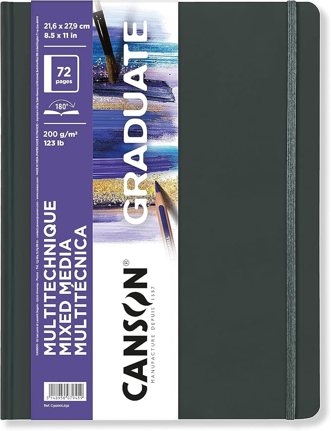 Canson Graduate Mixed Media Paper, Hard Cover Art Journal, 8.5x11 inches, 36 Sheets — Artist Paper for Collage, Watercolor, Ink, Pencil, Marker