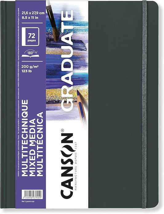 Canson Graduate Mixed Media Paper, Hard Cover Art Journal, 8.5x11 inches, 36 Sheets — Artist Paper for Collage, Watercolor, Ink, Pencil, Marker
