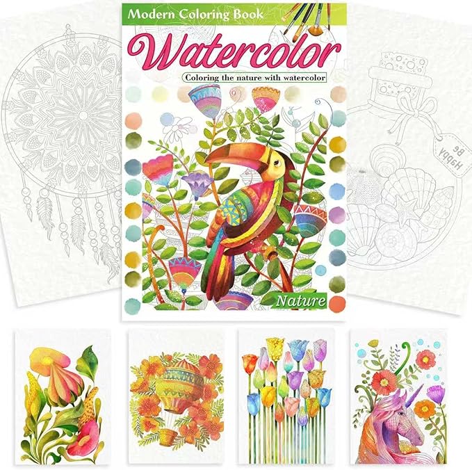 Adults Water Coloring Book: 12 Advanced Exquisite Patterns – 100% Cotton 300gsm Paper, A4 Size – for Beginners & Professionals to Enhance & Consolidate Watercolor Techniques (Nature)