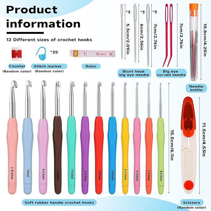 Mayboos 12 Sizes Crochet Hook Set, 53 Pack Crochet Hooks Yarn Needle Kits Knitting Needles with Ergonomic Handles for Crocheters Beginners 2.0mm~8.0mm