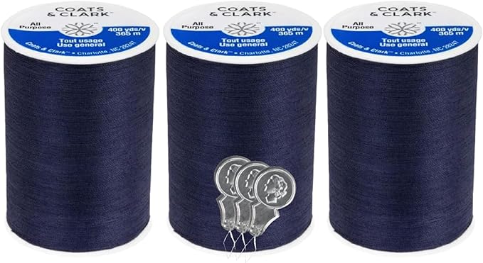 Coats & Clark Dual Duty All Purpose Sewing Thread 230A 400 Yards Each Spool 3 Pack Bundle with Bella's Crafts Needle Threaders (Navy)