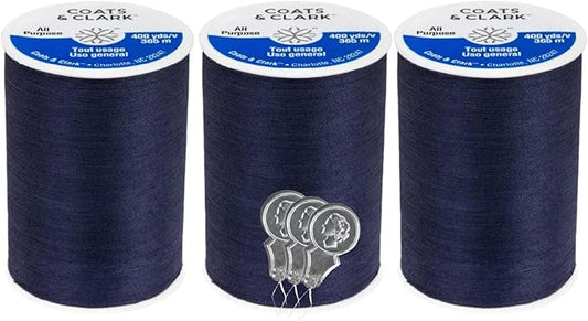 Coats & Clark Dual Duty All Purpose Sewing Thread 230A 400 Yards Each Spool 3 Pack Bundle with Bella's Crafts Needle Threaders (Navy)