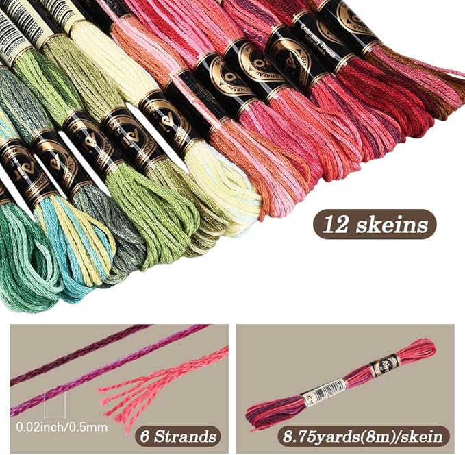 12 Skeins 105 Yards Cross Stitch Floss Embroidery Thread 6 Ply Variegated Friendship String Polyester Christmas Color Threads for Sewing Making Bracelets Clothes Stitching Decor Craft DIY