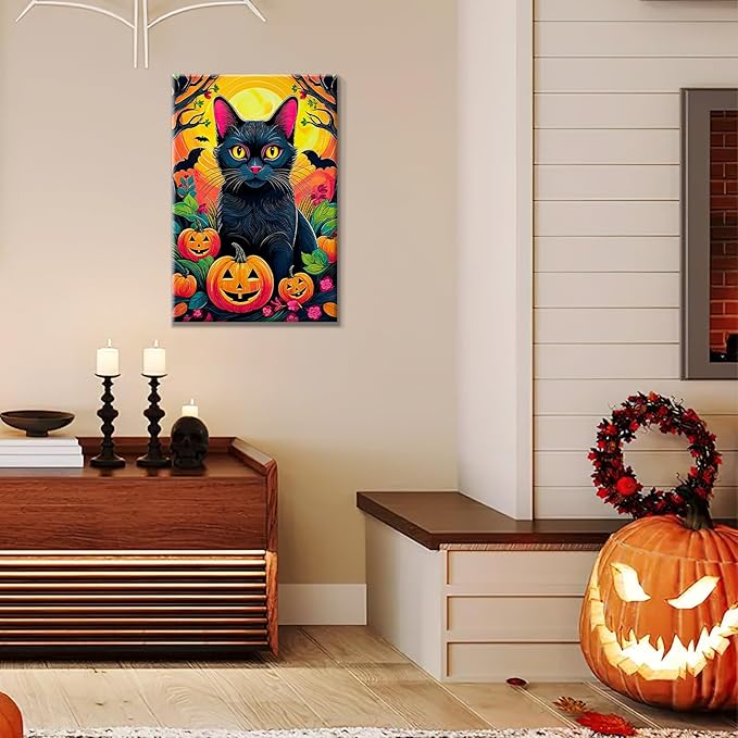 JOOZ Paint by Numbers Kit for Adults with Frame Halloween Paint by Number with Easel Black Cat Adult Paint by Number Kits Framed Canvas DIY Oil Painting Kits for Ideal Gift Home Wall Decor 8x12 Inch