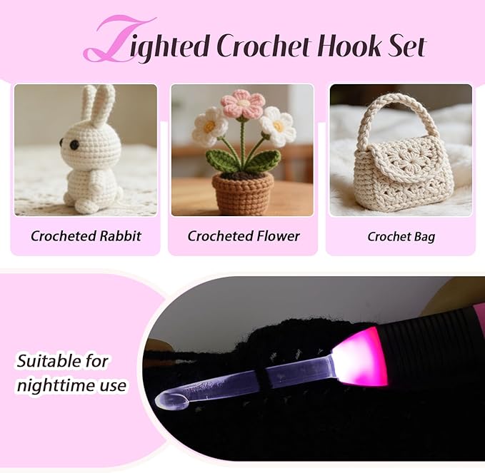 Yarniss Lighted Crochet Hook,4.5mm Crochet Hook Glow in Dark with Battery,Rose
