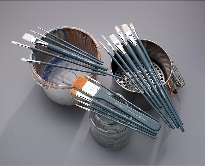 Winsor & Newton Foundation Watercolour Brush Set, Short Handle, Round & Flat, 6 Pack