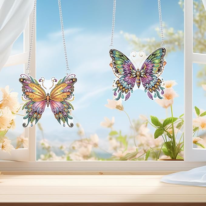 2 Pack Butterfly Diamond Painting Hanging Decorations – 5D DIY Special Shaped Diamond Art Wall Ornaments, Butterfly Design (15x13.7cm & 15x13.8cm), for Home Decor & Gifts