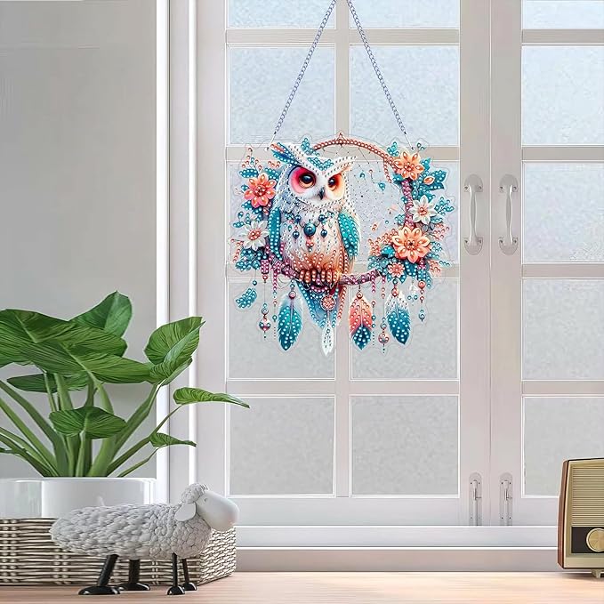 ZeeLionArt Hanging Diamonds Art kit for Adult,Owl Pendant Diamonds Painting Art Kit,7.0x7.0inch Acrylic Diamonds Painting Board Kit Ornament, Special Crystal Diamond Hanging Ornament