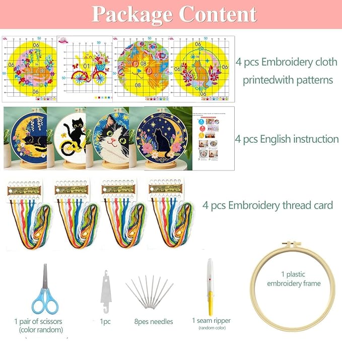 Zhenqing Cat Stamped Cross Stitch Kits for Adults Beginners, DIY Animals Cross Stitch Patterns Kits Printed Needlepoint Kits,Crafts Embroidery Kits for Home Decor-Cat-Themed 4-Piece Set(69207)