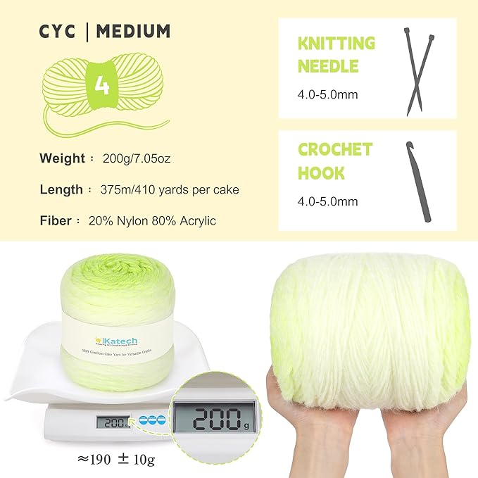 Katech Ombre Yarn for Crocheting-Large Skein of Gradient Yarn Cake-2 Pack of 200g/7.05 oz-80% Acrylic,20% Nylon- #4 Medium-Perfect for Star Blankets, Scarves, Shawls and Garments (J)