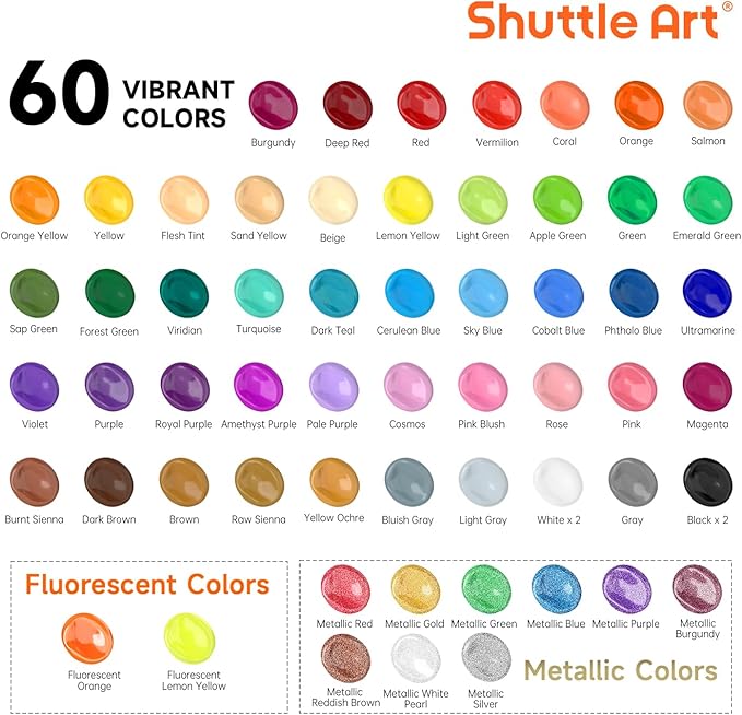 72 Pack Acrylic Paint Set, Shuttle Art 60 Colors Acrylic Paint Including Extra White Black & 12 Brushes, 2oz/60ml, Rich Pigmented, Water Proof, Ideal for Artists, Beginners on Canvas Rock Wood Ceramic