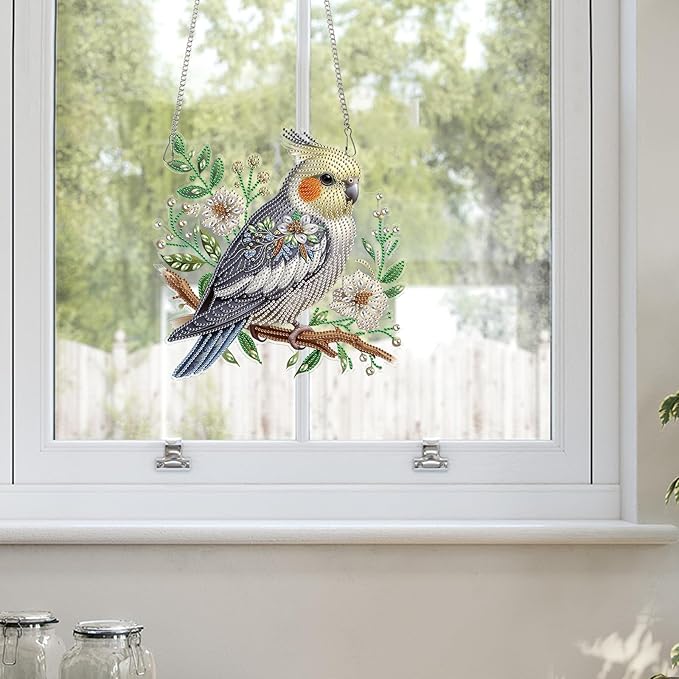 AiYuanzsh Diamond Art Suncatcher Hanging Kit Parrot with Flowers, Special Shaped Diamond Painting Ornament for Adults, Colorful DIY Window & Wall Decoration, Crystal Diamond Art Kit