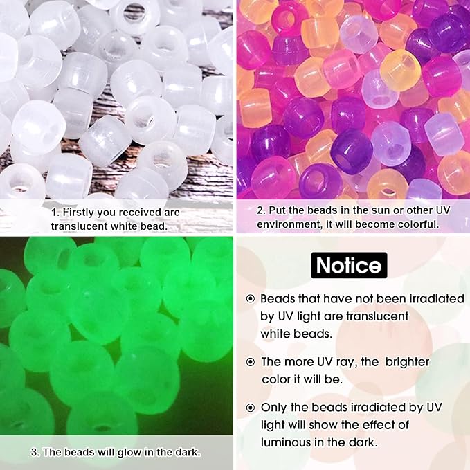 korlon 1500 pcs uv beads, glow in the dark beads for bracelets, crafts, 8mm friendship bracelet kit hair kandi color changing pony bead with crystal elastic string & 2 elastic cords