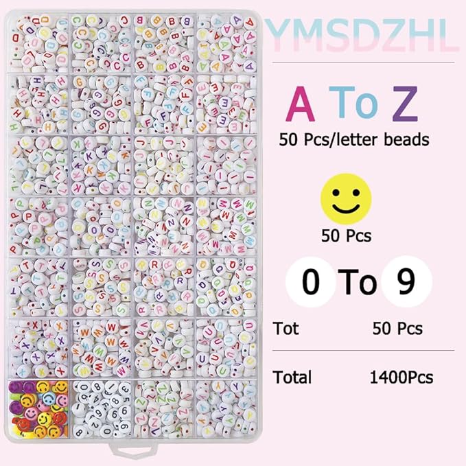 Alphabet Beads A-Z 1400Pcs Letter Beads, Acrylic 4x7mm Round Letter Beads Kits,Black Digit and Colorful Smile Beads for Bracelets Necklaces DIY Jewelry Making (Colorful,1400PCS)