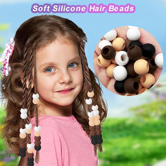 120Pcs 14mm Large Silicone Beads for Hair Braids, Soft Jellyish Hair Beads with 7mm Hole + 50 Rubber Bands and 1 Beader for Braiding, DIY Bracelets Necklaces Crafts(Brown)
