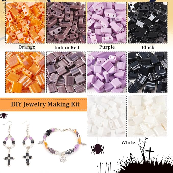 NBEADS About 500 Pcs Halloween Tile Bracelet Making Kit, Including Two Hole Glass Rectangle Beads, Big Eye Beading Needles, Elastic Thread for Bracelet Necklace Earring Jewelry Making