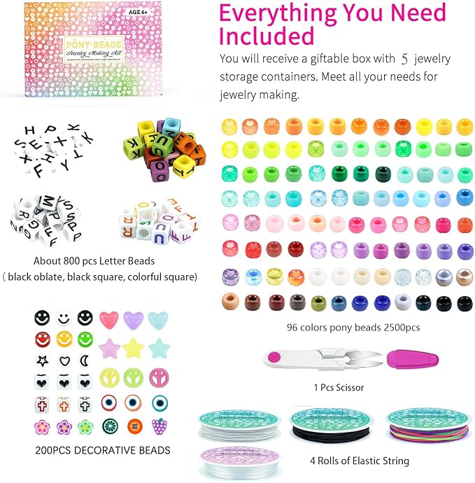 5 Boxes Bracelet Making Kit Pony Beads, 96 Colors 6x9mm 3500Pcs Kandi Rave Beads for Bracelets Friendship Plastic Bead with 800Pcs Letter Bead Arts and Crafts for Kids Adults Keychain Jewelry Making