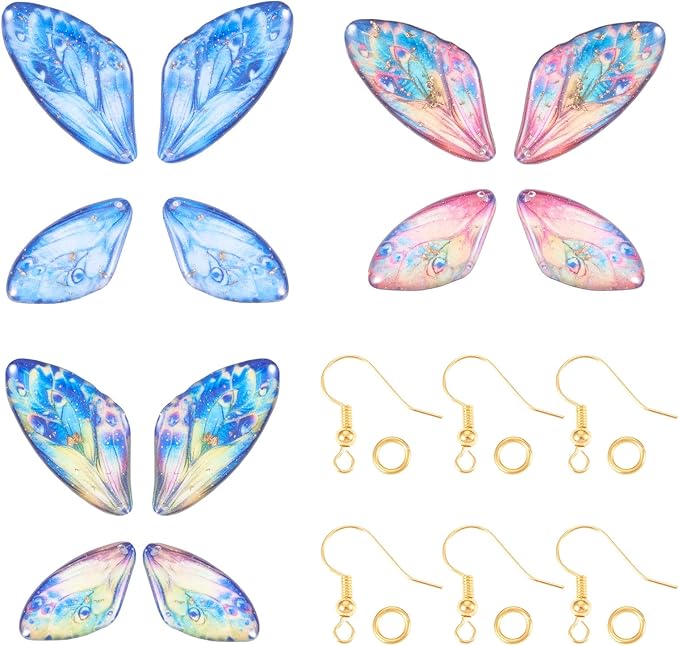 FASHEWELRY 12Pcs Resin Butterfly Wing Charms for Jewelry Making, Pastel Glitter Colorful Insects Wing Pendant Earrings Making Kit Earring Hook Jump Rings